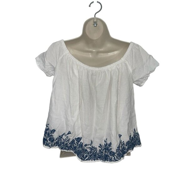 ZARA BASIC Women's XS Embroidered Blouse White with Blue Off-the-Shoulder - Picture 2 of 10